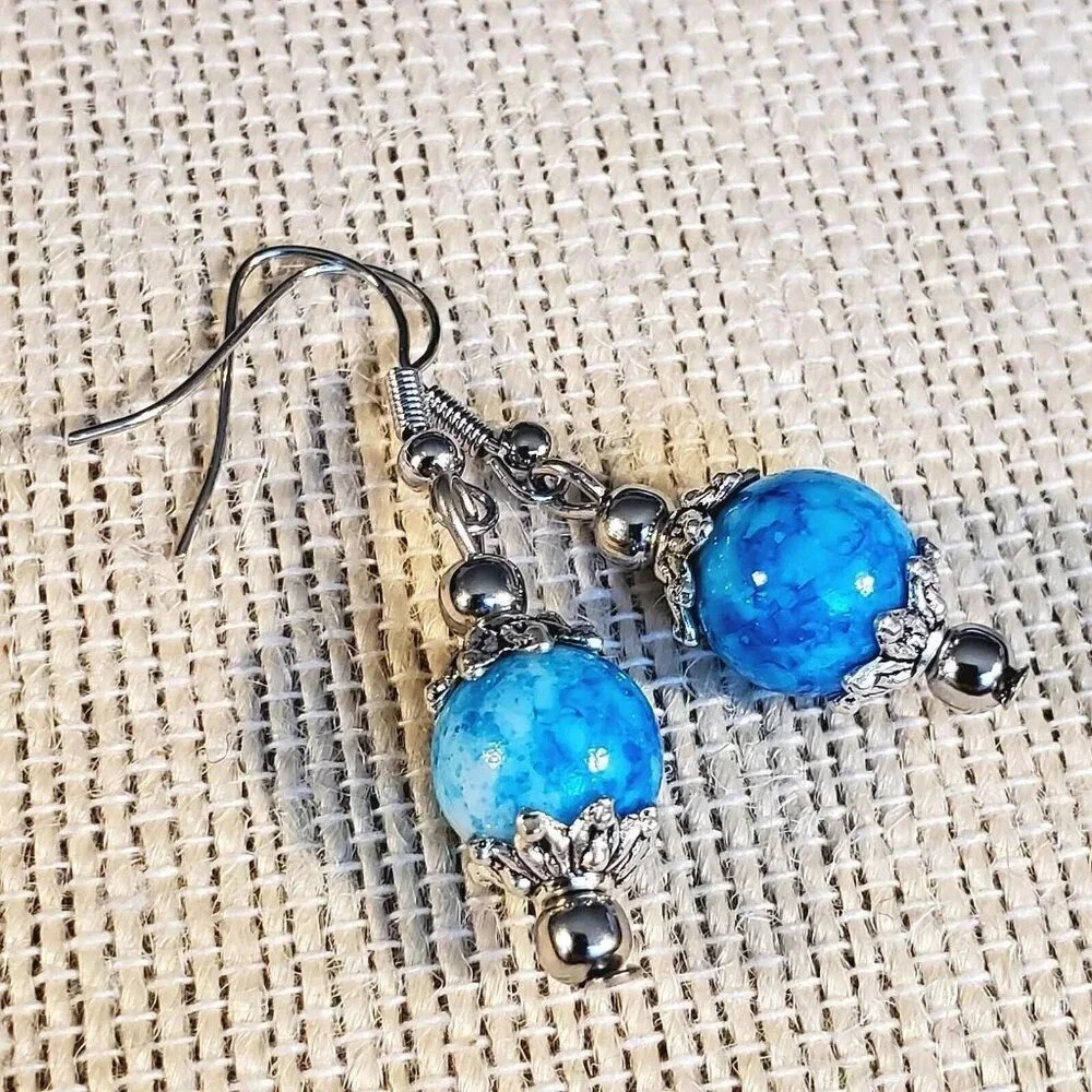 Art Nouveau Mottled Turquoise Blue Glass Beads Antiqued Silver Earrings - Picture 6 of 7